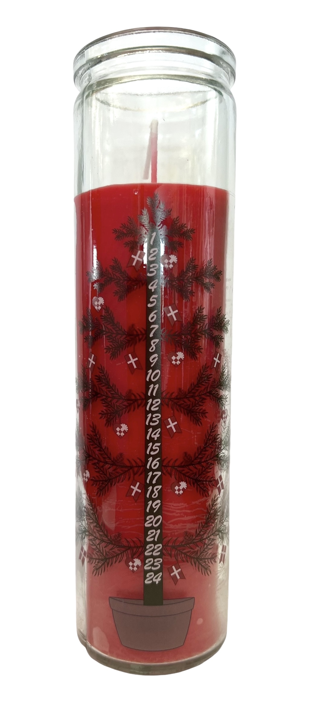Rødt kalenderlys i glas med juletræ Rødt kalenderlys i glas med juletræ