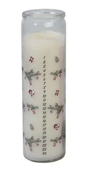 Hvidt kalenderlys i glas med grangrene Hvidt kalenderlys i glas med grangrene